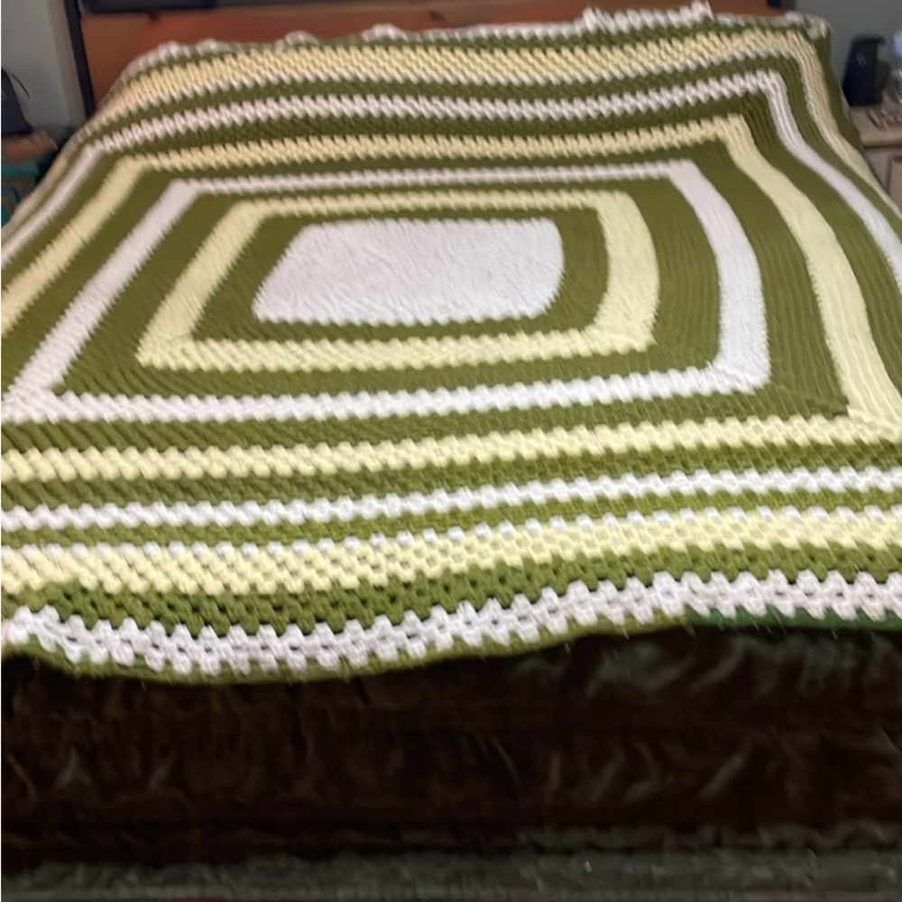 Green and White Striped Crochet Blanket